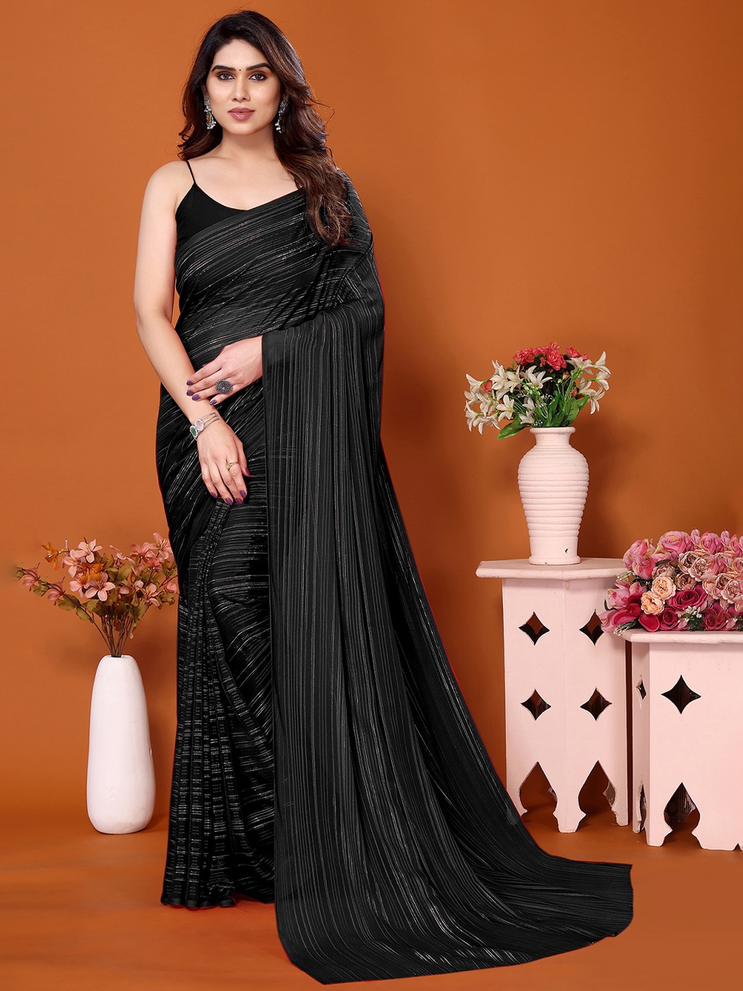 

Moda Rapido Striped Satin Saree, Black