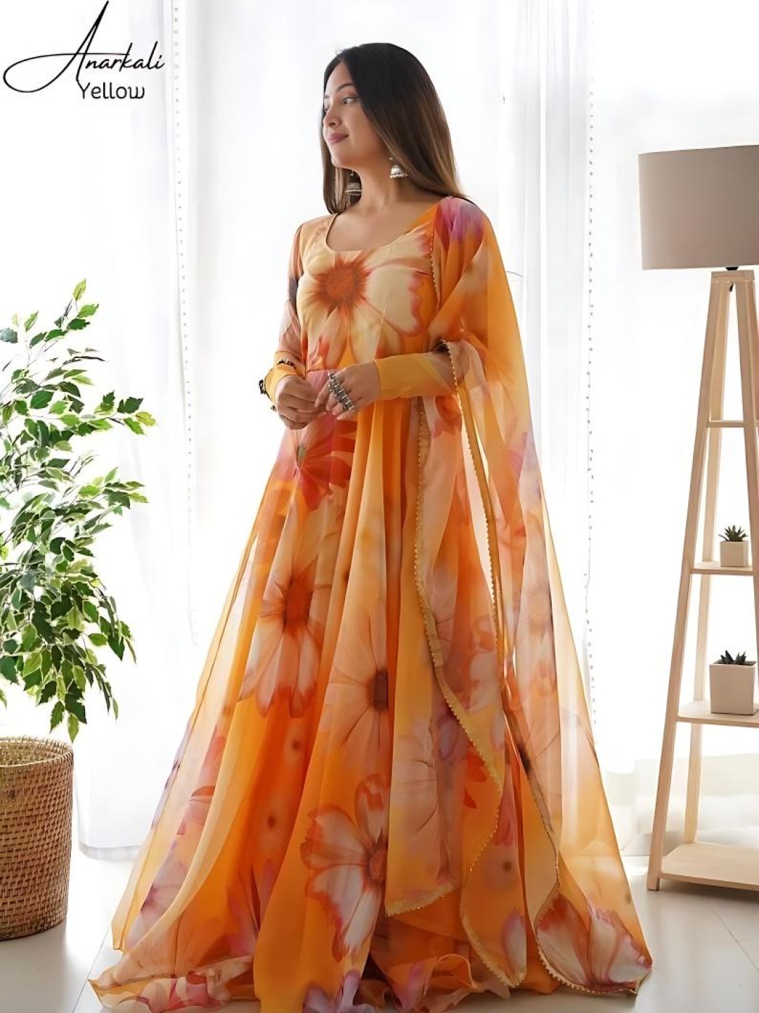 

BAESD Floral Printed Round Neck Long Sleeves Anarkali Kurta, Orange