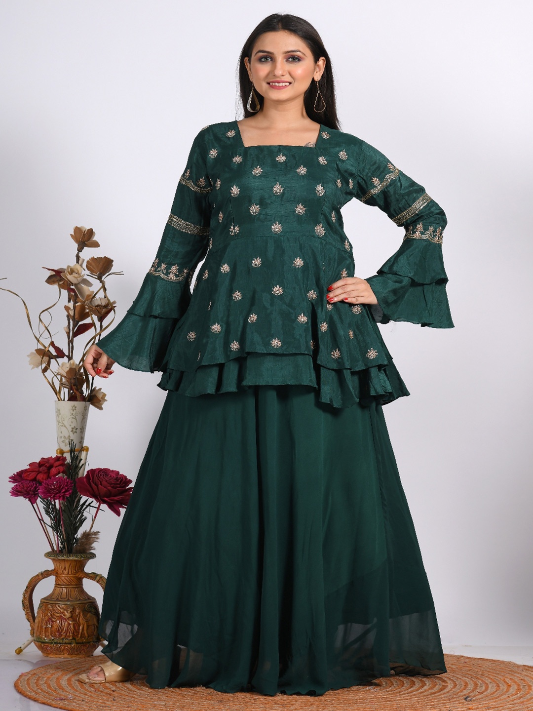 

Morchari Embroidered Top With Skirt Co-Ords, Green