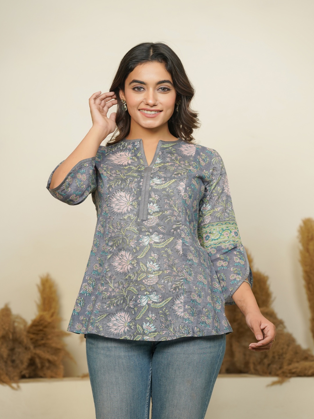 

JAIPURIBANNO Floral Print Notch Neck Cotton Top, Grey