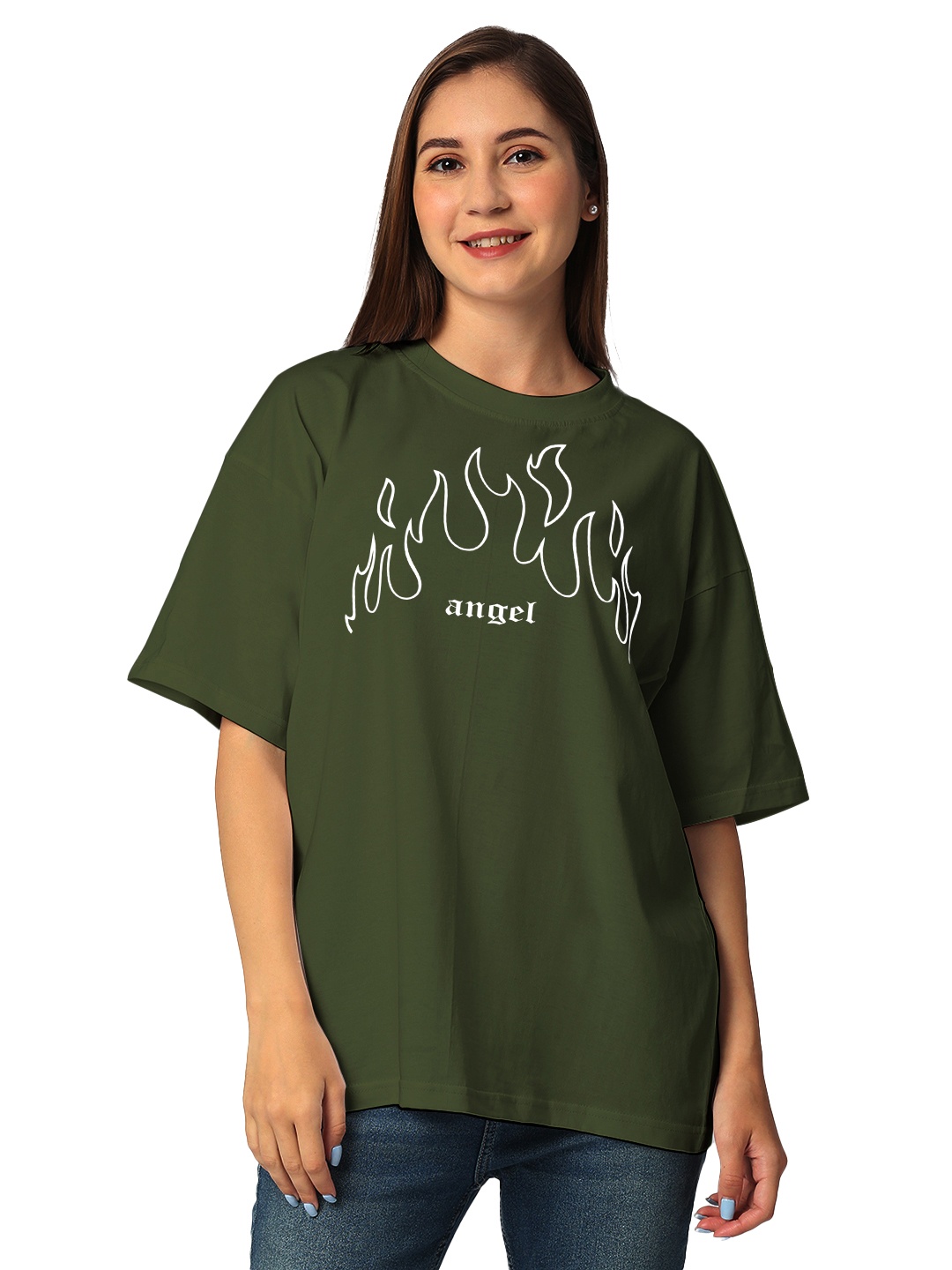 

STATUS MANTRA Women Typography Printed Bio Finish Applique T-shirt, Olive