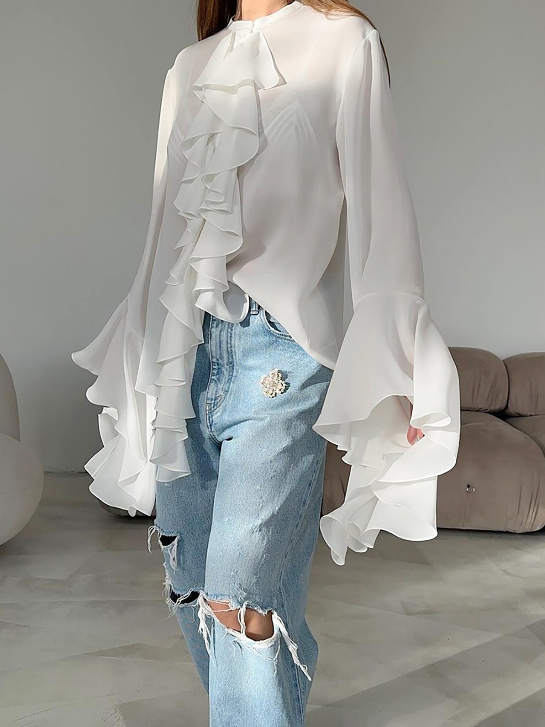 

JC Mode Ruffles Opaque Casual Shirt, White