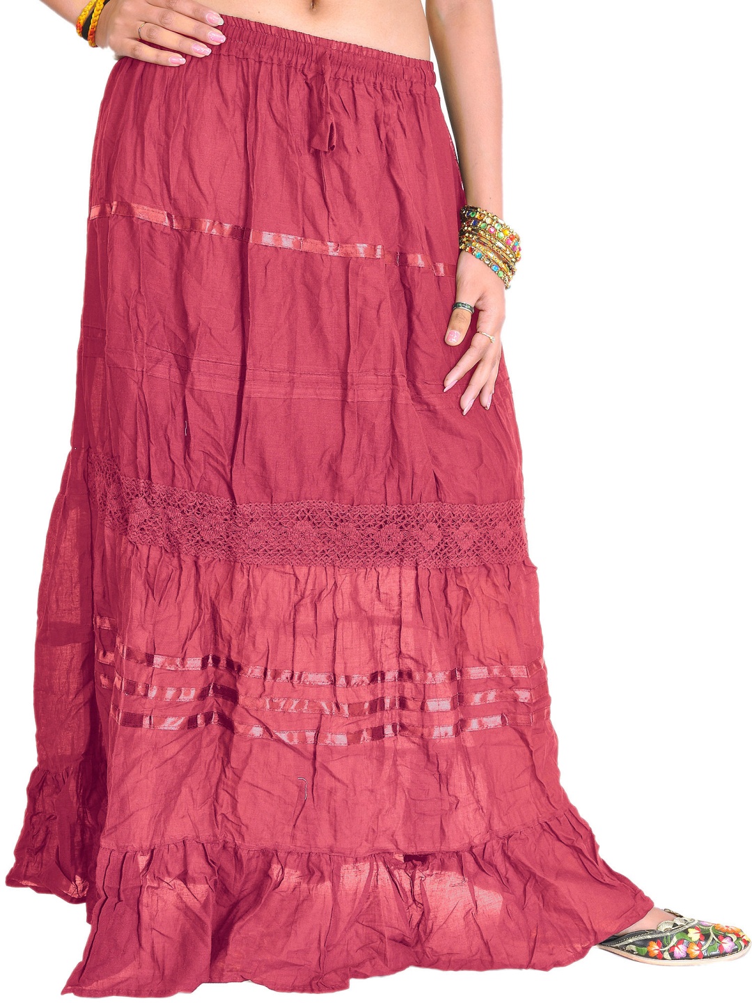 

Exotic India Pure Cotton Long Skirt With Lace & Crochet, Pink
