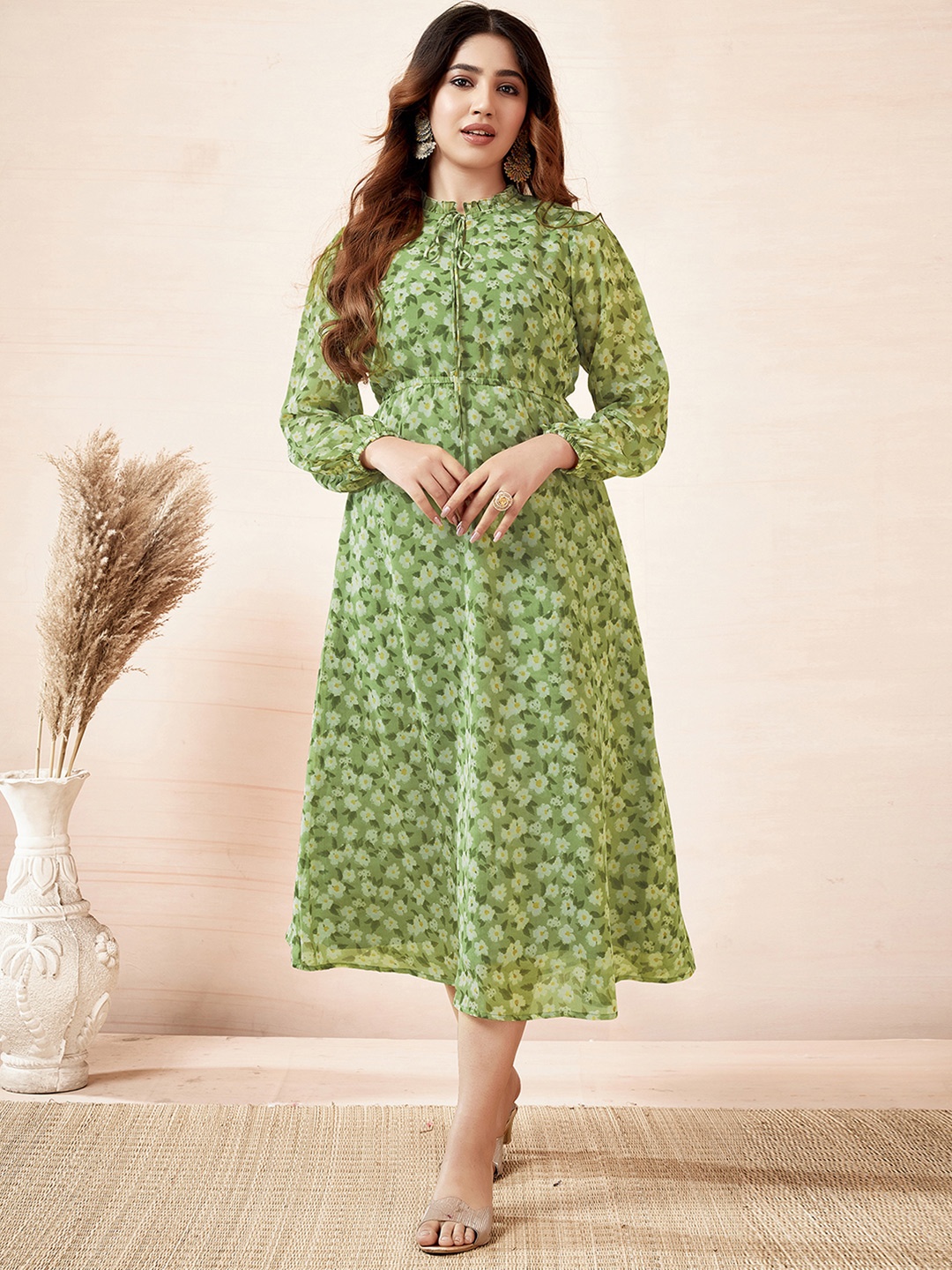 

Selvia Floral Print Georgette A-Line Midi Dress, Lime green