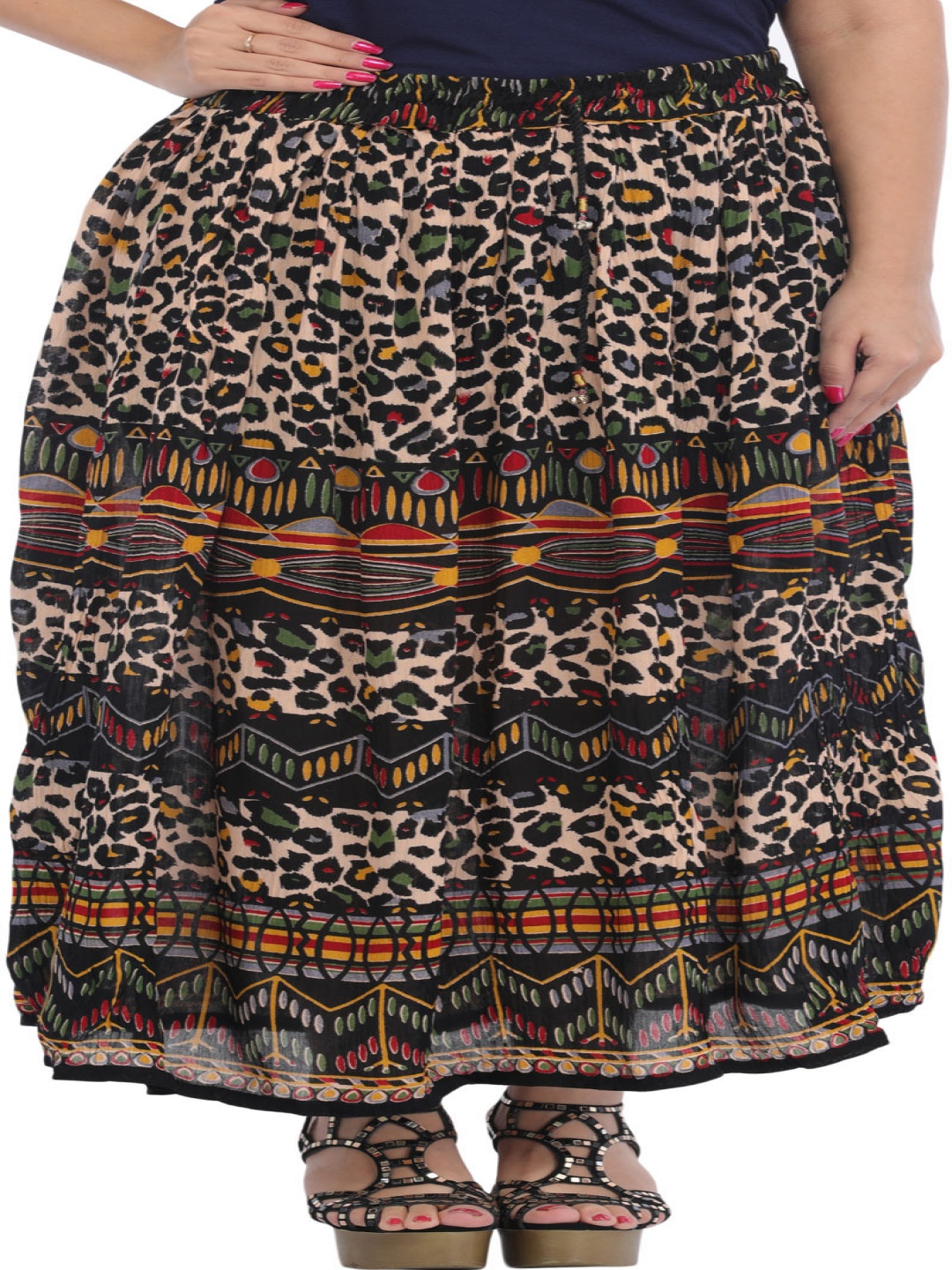 

Exotic India Abstract Printed Flared Maxi Skirt, Black