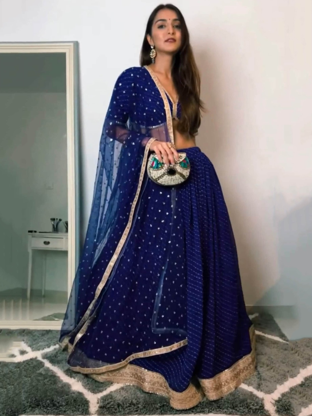 

FABPIXEL Printed Gotta Patti Semi-Stitched Lehenga & Unstitched Blouse With Dupatta, Blue