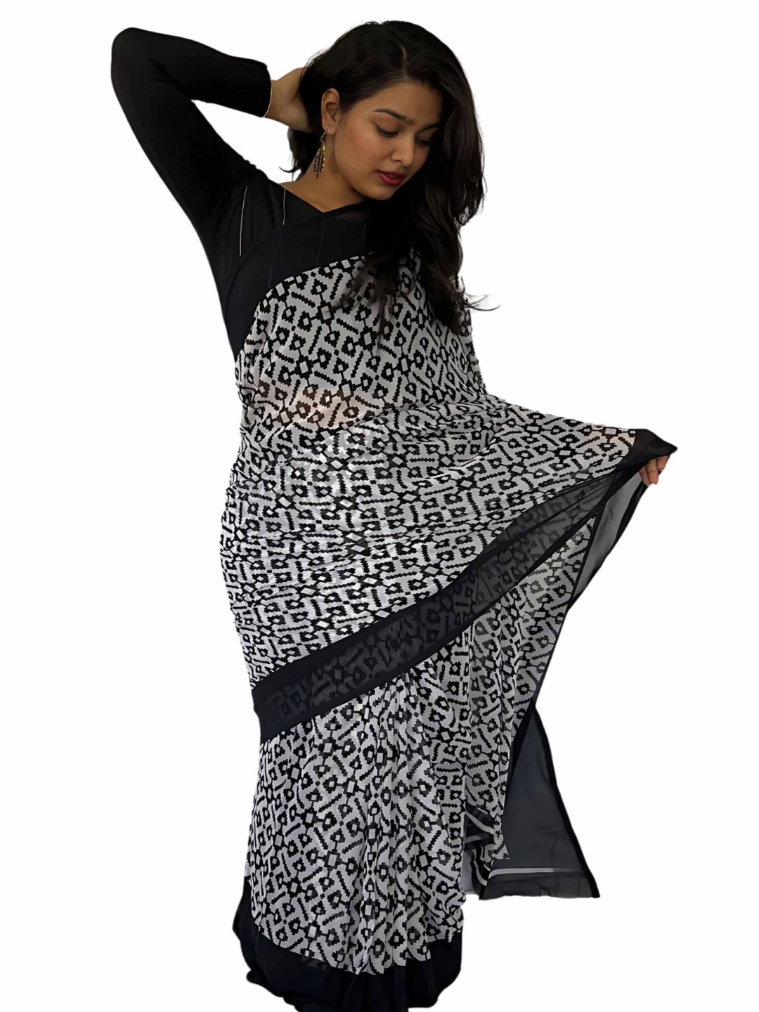 

SANJANA SILK Geometric printed Saree, Black