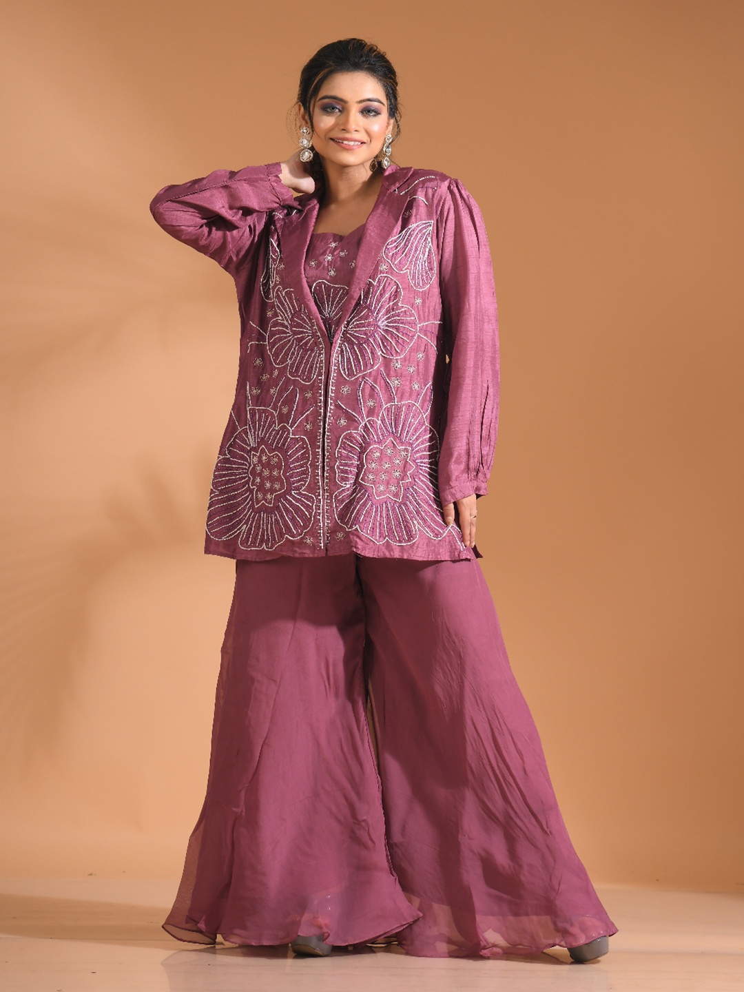 

Morchari Embroidered Round Neck Top & Flared Palazzo & Jacket Co-Ords, Purple
