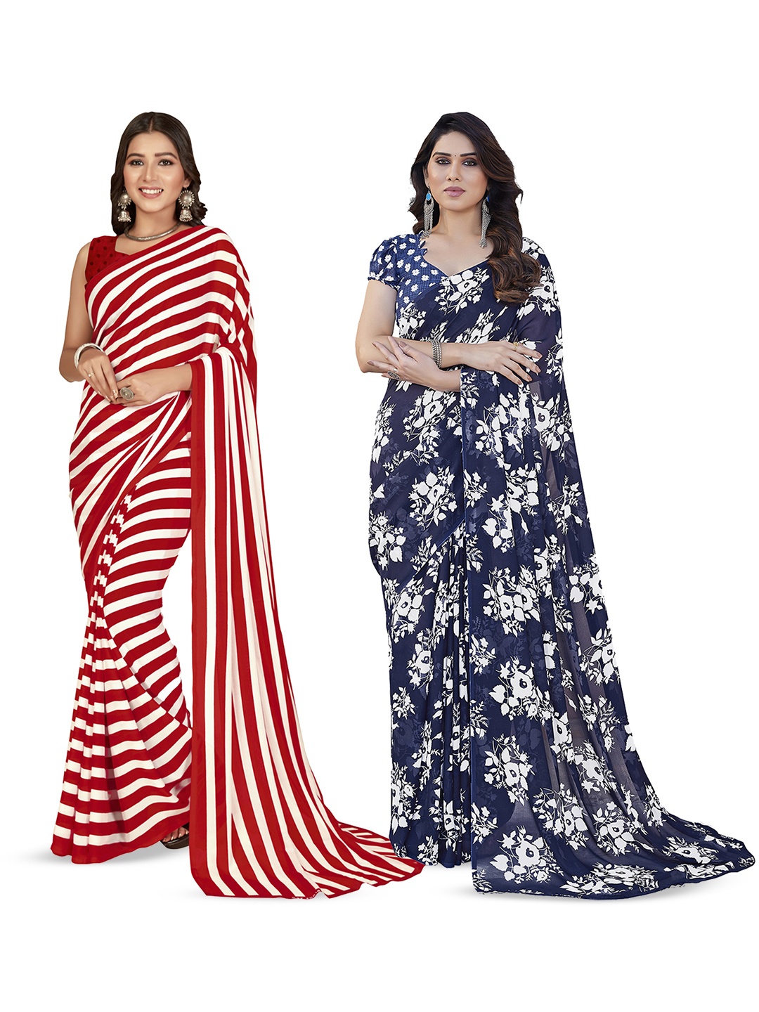 

ANAND SAREES Striped Poly Georgette Saree, Red