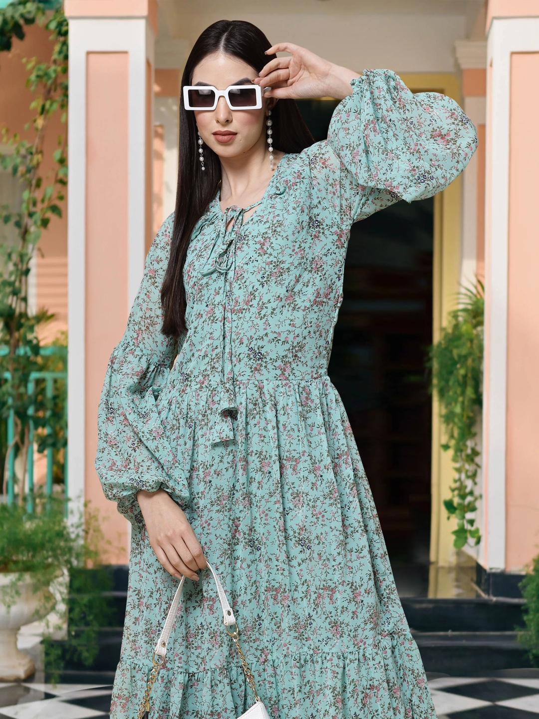 

MISS AYSE Floral Print Tie-Up Neck Bell Sleeve Applique Georgette Fit & Flare Midi Dress, Green