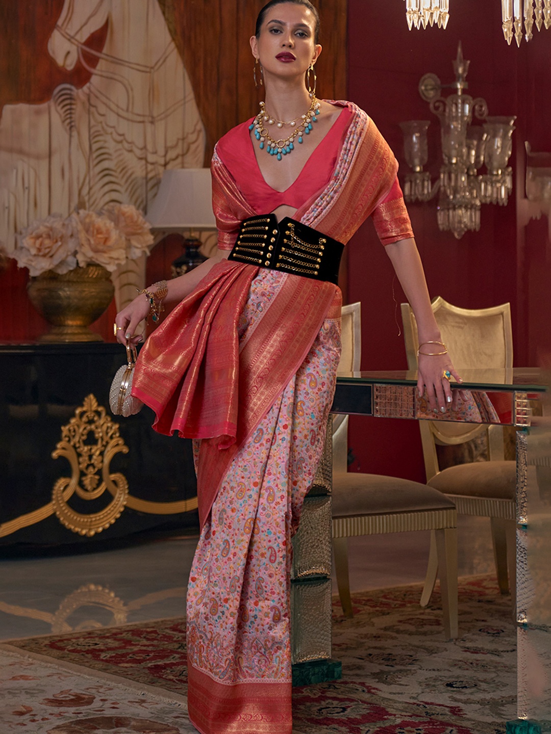 

DEVATITHI Paisley Woven Design Pashmina Saree, Pink