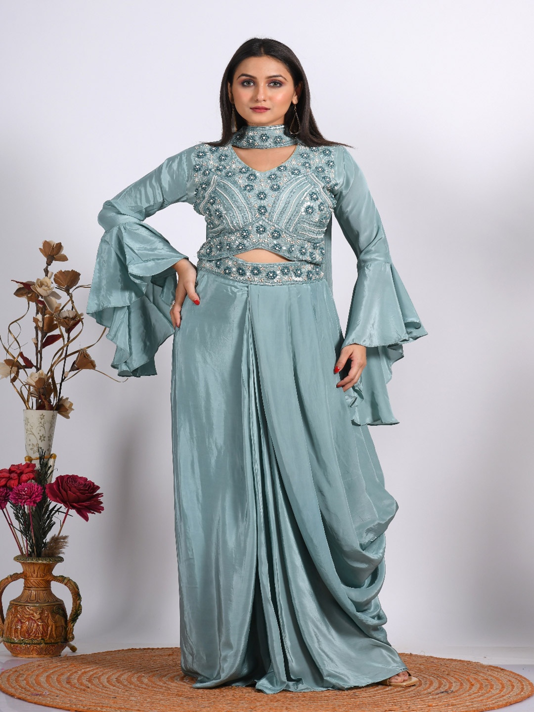 

Morchari Women Embroidered Top With Skirt & Dupatta Co-Ords, Grey