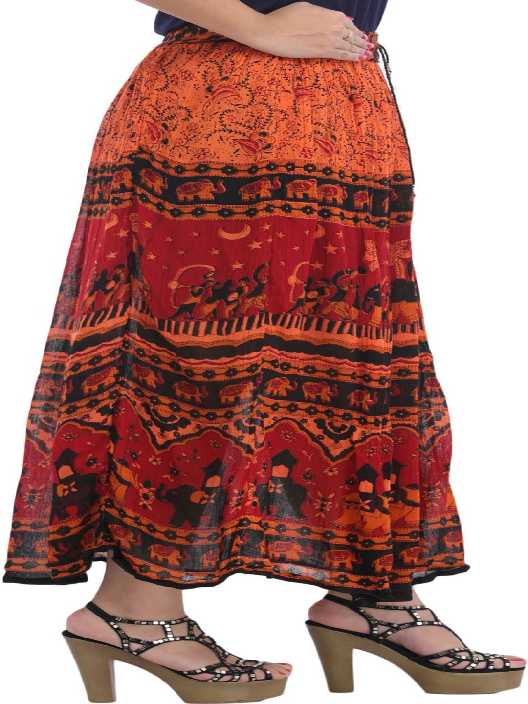 

Exotic India Abstract Printed Flared Tiered Maxi Skirt, Red