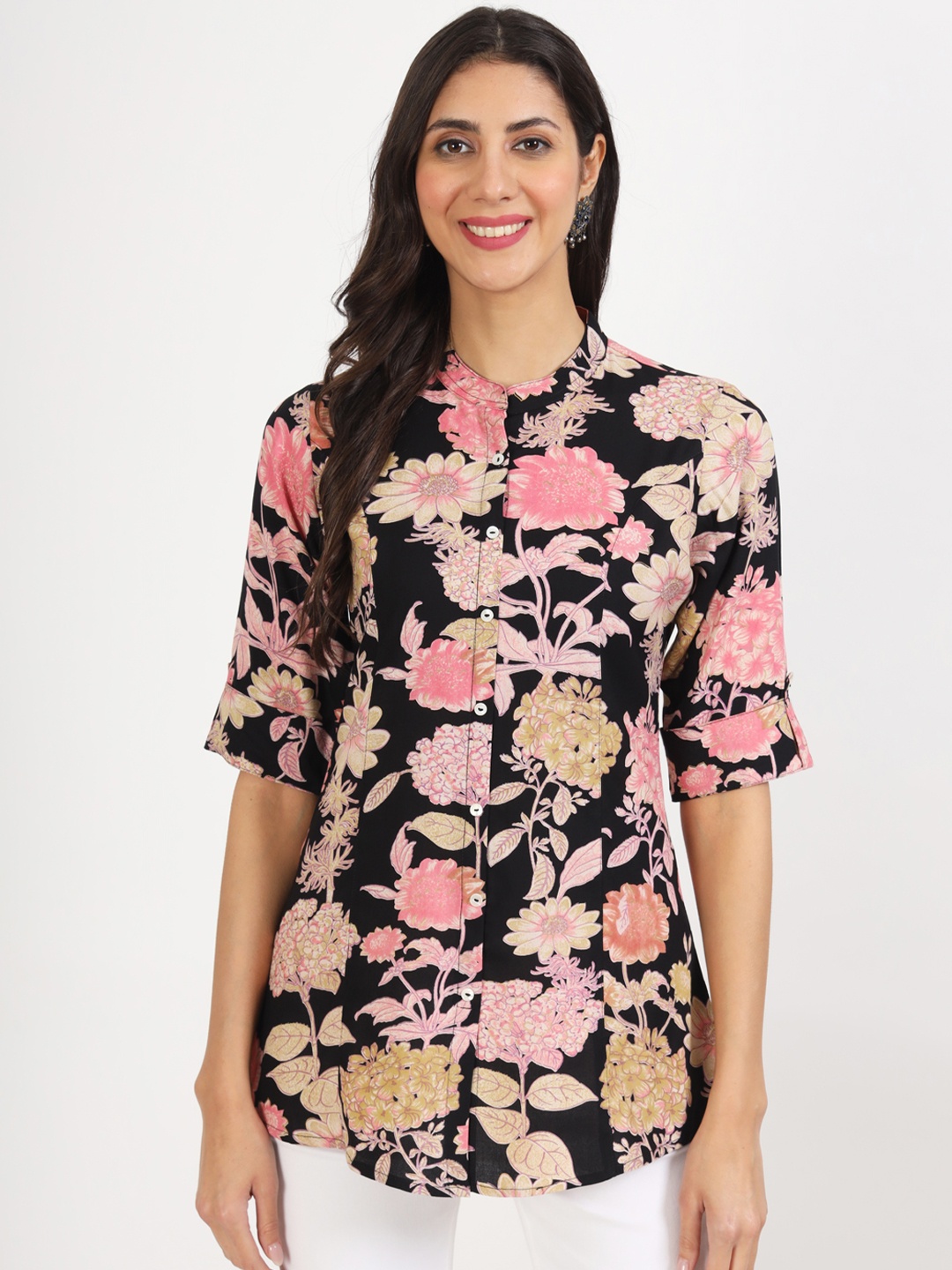 

Divena Floral Print Mandarin Collar Shirt Style Top, Black