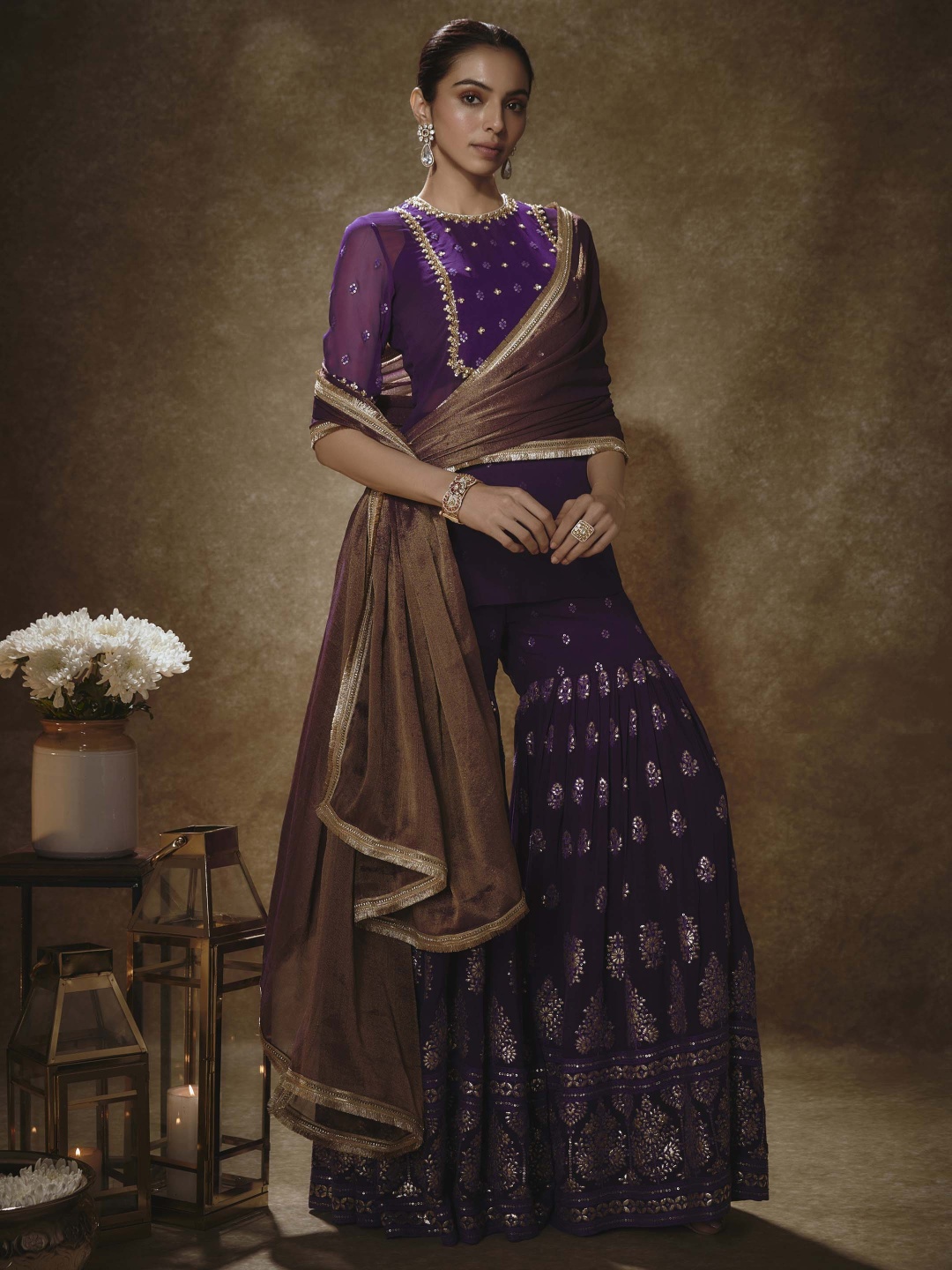 

Renee Label Women Embroidered Regular Sequinned Kurti with Sharara & With Dupatta, Purple