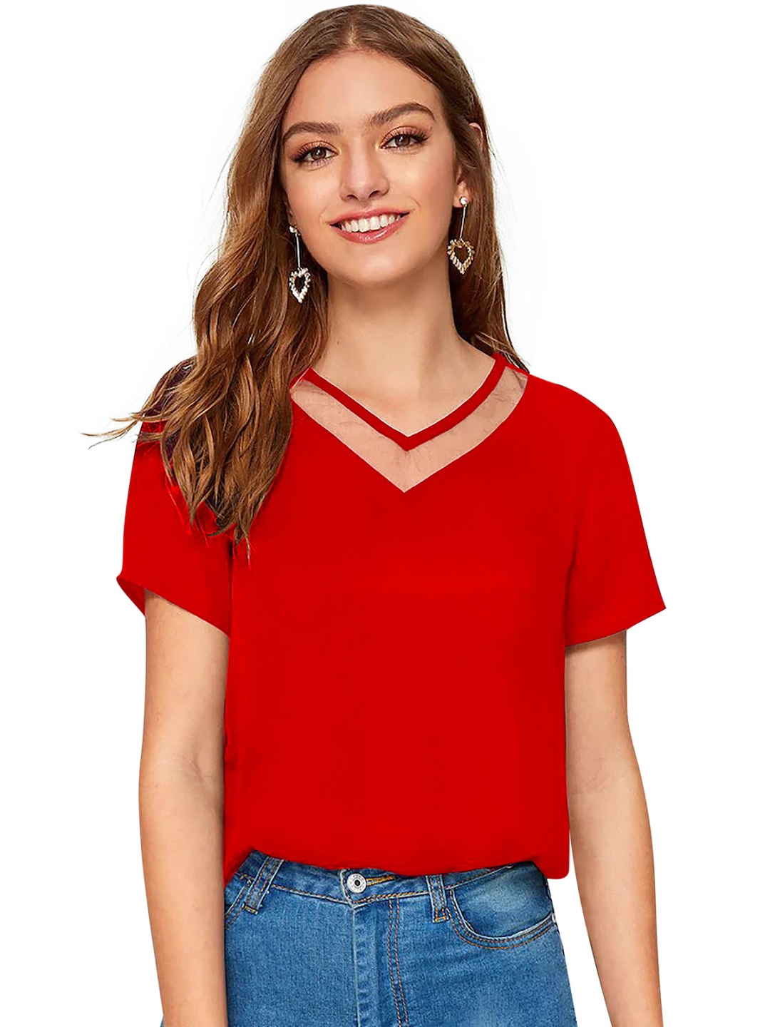 

ODETTE V-Neck Short Sleeves Crepe Regular Top, Red