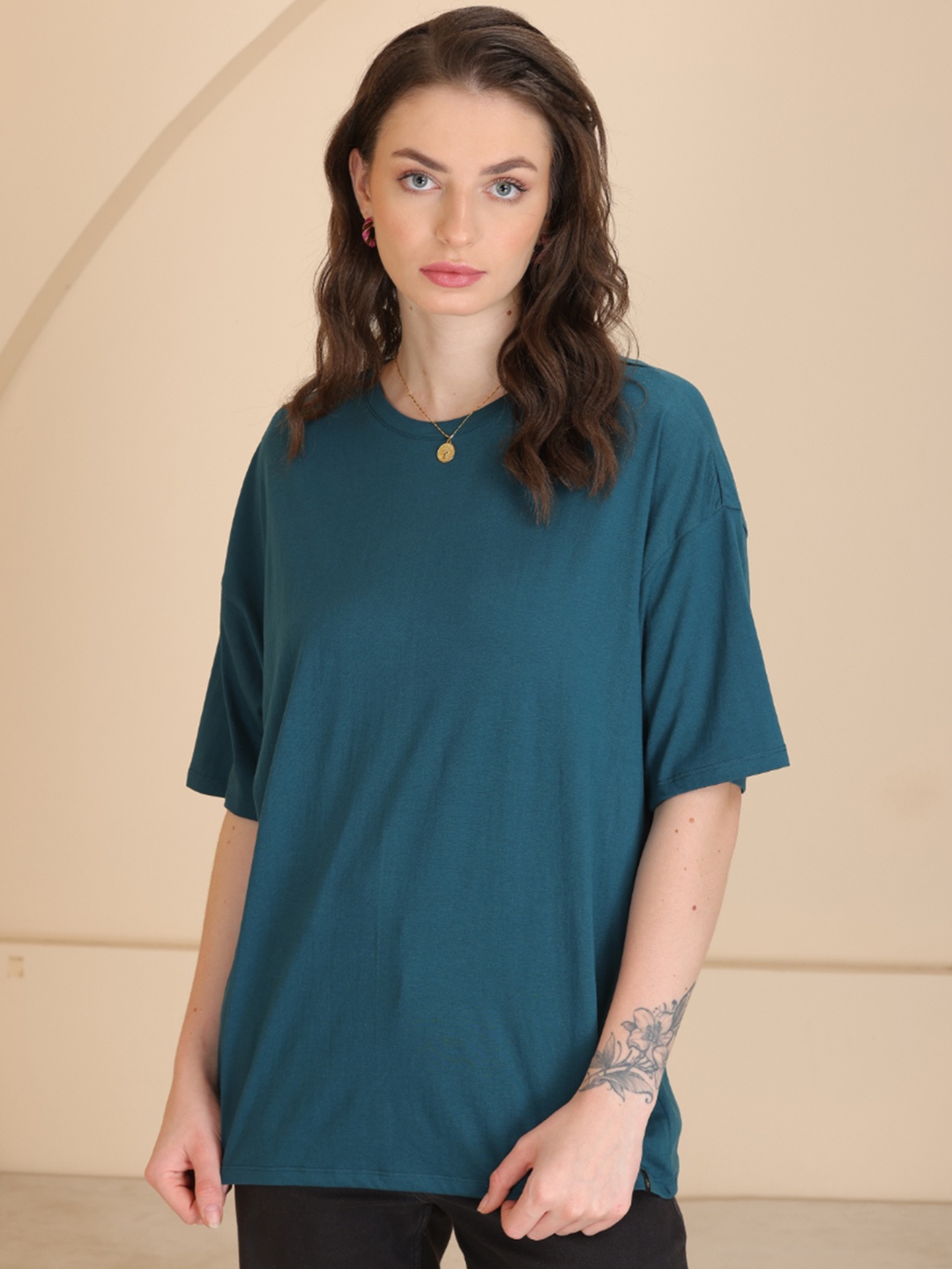 

TITTLI Women Extended Sleeves Pure Cotton Pockets Boxy T-shirt, Violet