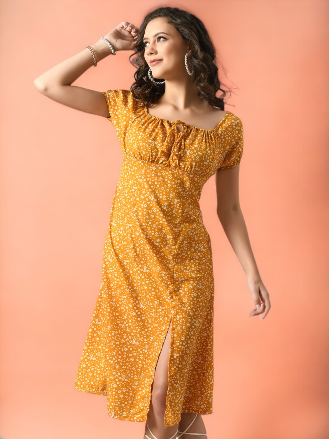 

BAESD Floral Printed Puff Sleeves Side Slit A-Line Dress, Yellow