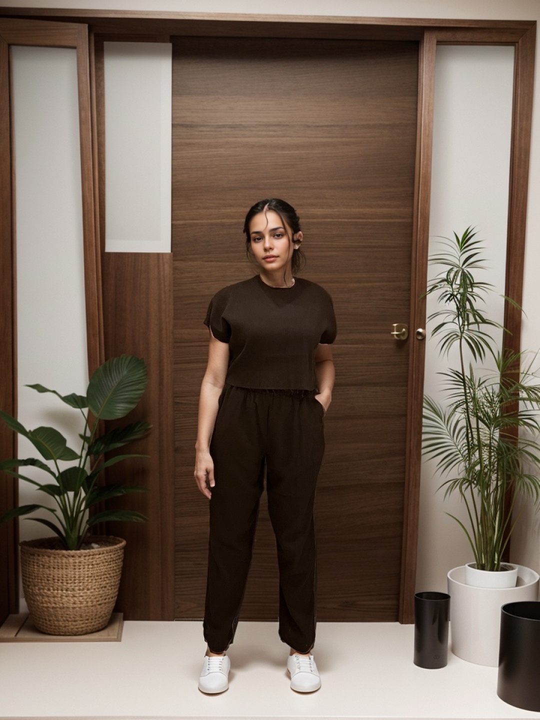 

ELEVEN.O.ONE Round Neck Short Sleeve Top And Trousers, Black