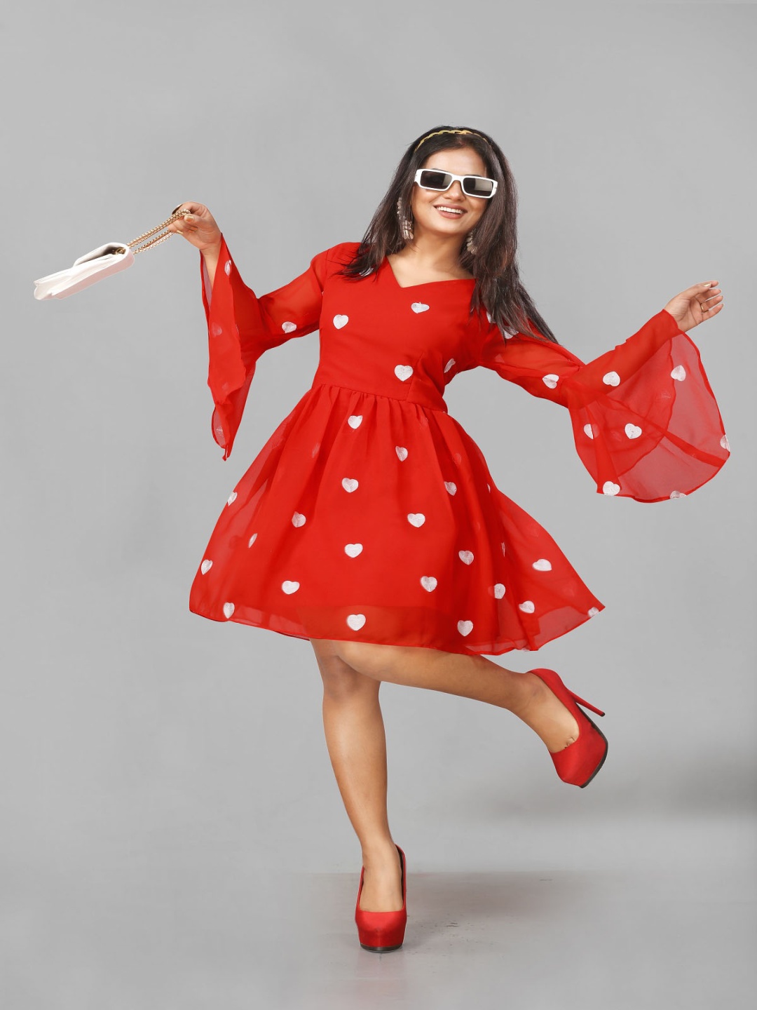 

Aika Embroidered Georgette Fit & Flare Dress, Red