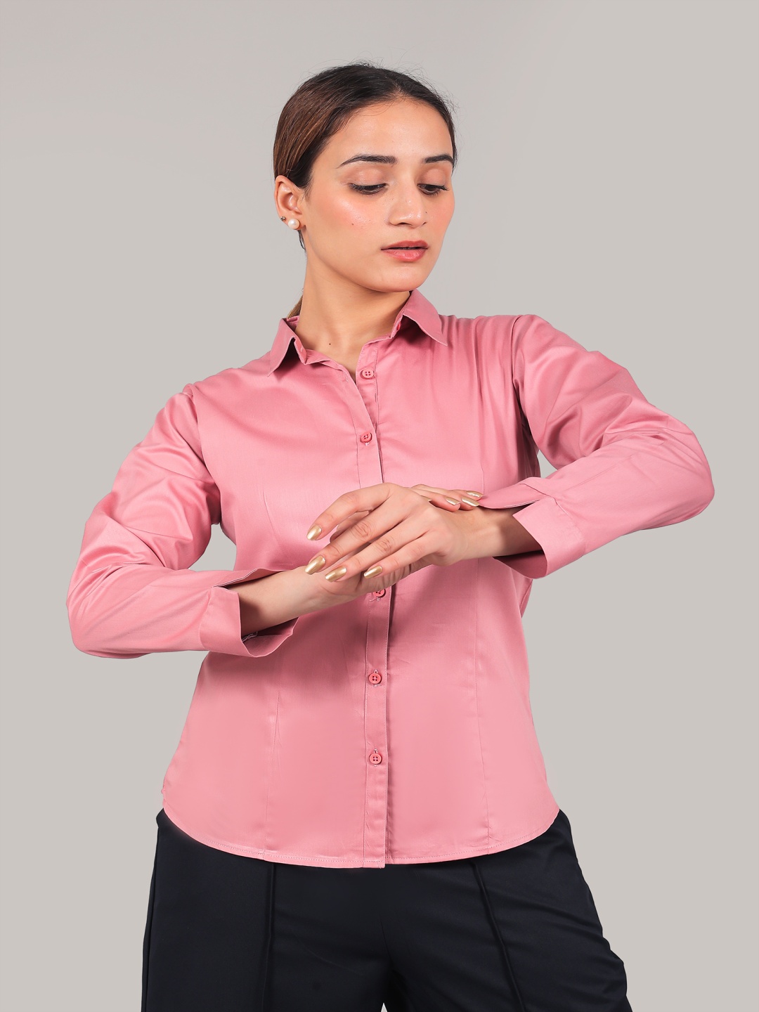 

BLUEBIRD Classic Spread Collar Casual Satin Shirt, Pink