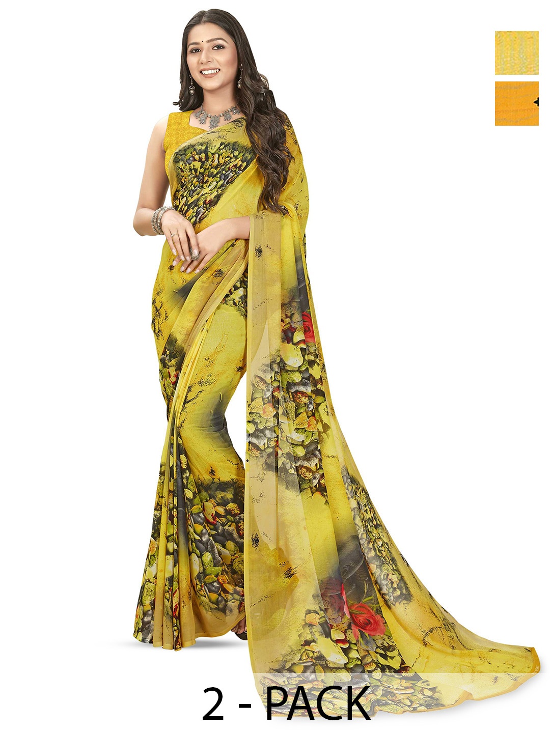 

ANAND SAREES Pack of-2 Floral Printed Saree, Yellow