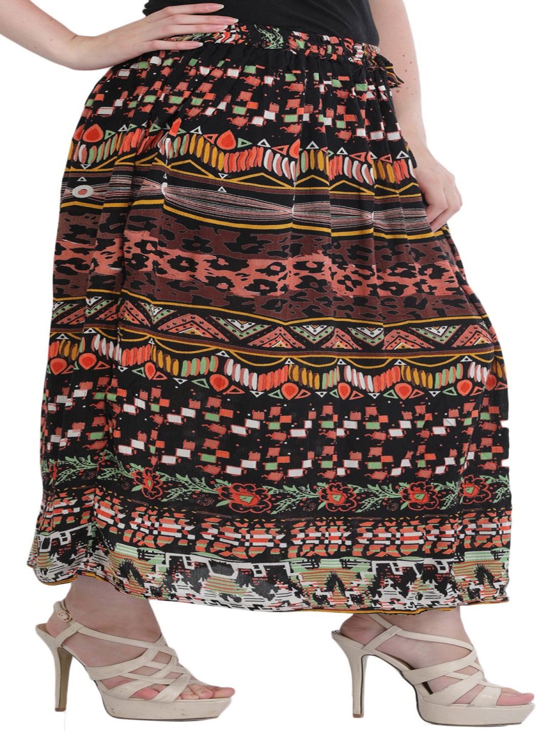 

Exotic India Printed Flared Maxi Skirts, Brown