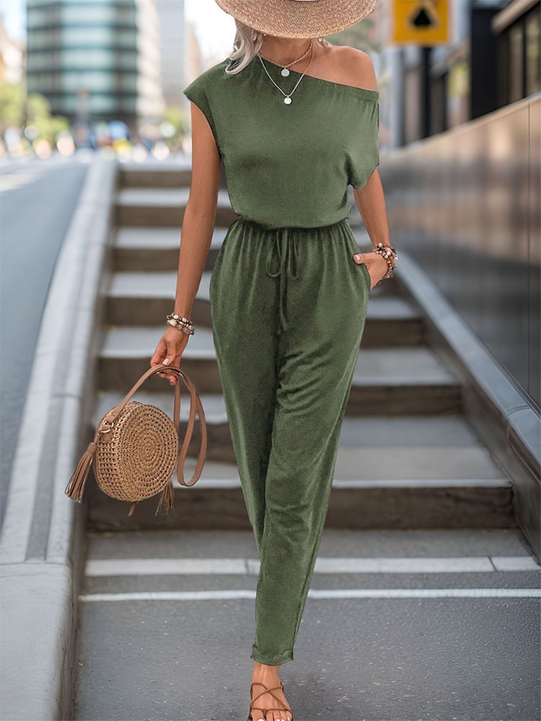 

KPOP Women Solid One Shoulder Short Sleeves Basic Jumpsuit, Green