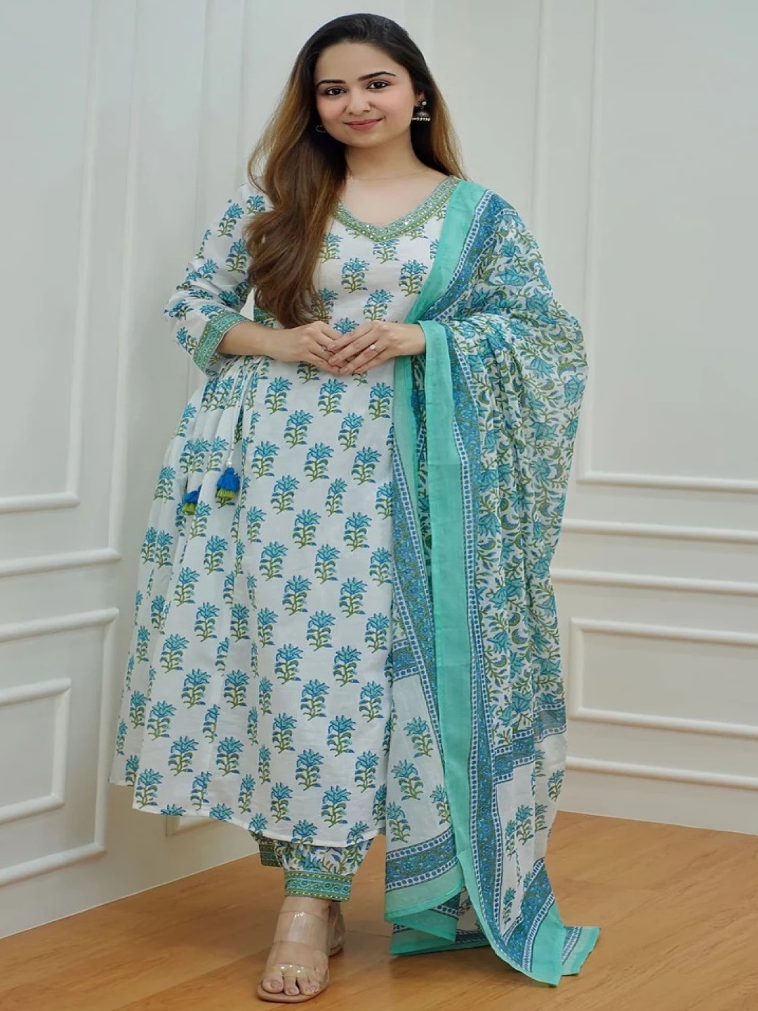 

KALINI Floral Printed Empire Sequinned Anarkali Kurta With Trousers & Dupatta, Blue