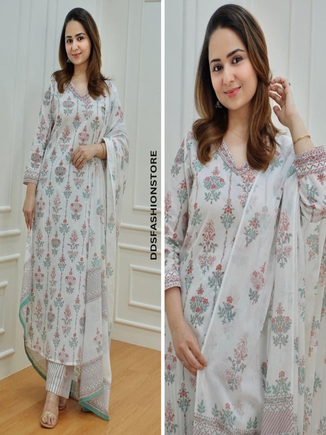 

KALINI Floral Printed Regular Kurta with Trouser & Dupatta, White