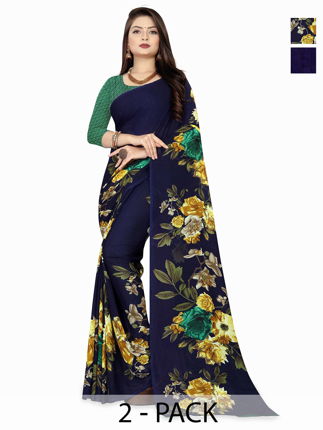 

ANAND SAREES Pack of-2 Floral Saree, Blue