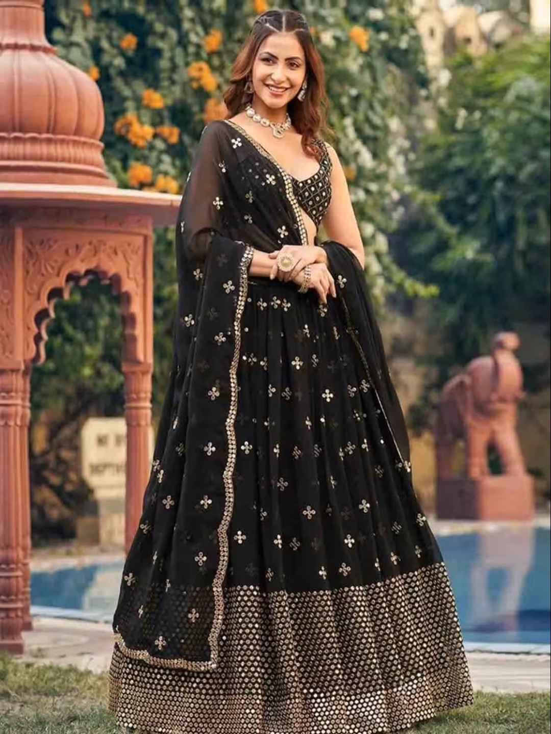 

Ethnic Yard Embroidered Mirror Work Semi-Stitched Lehenga & Unstitched Blouse With Dupatta, Black