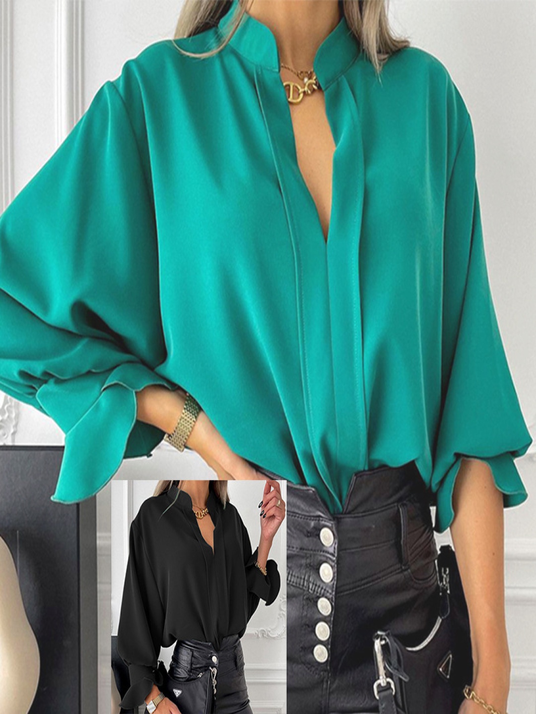 

StyleCast Green Mandarin Collar Cuffed Sleeve Chiffon Shirt Style Top