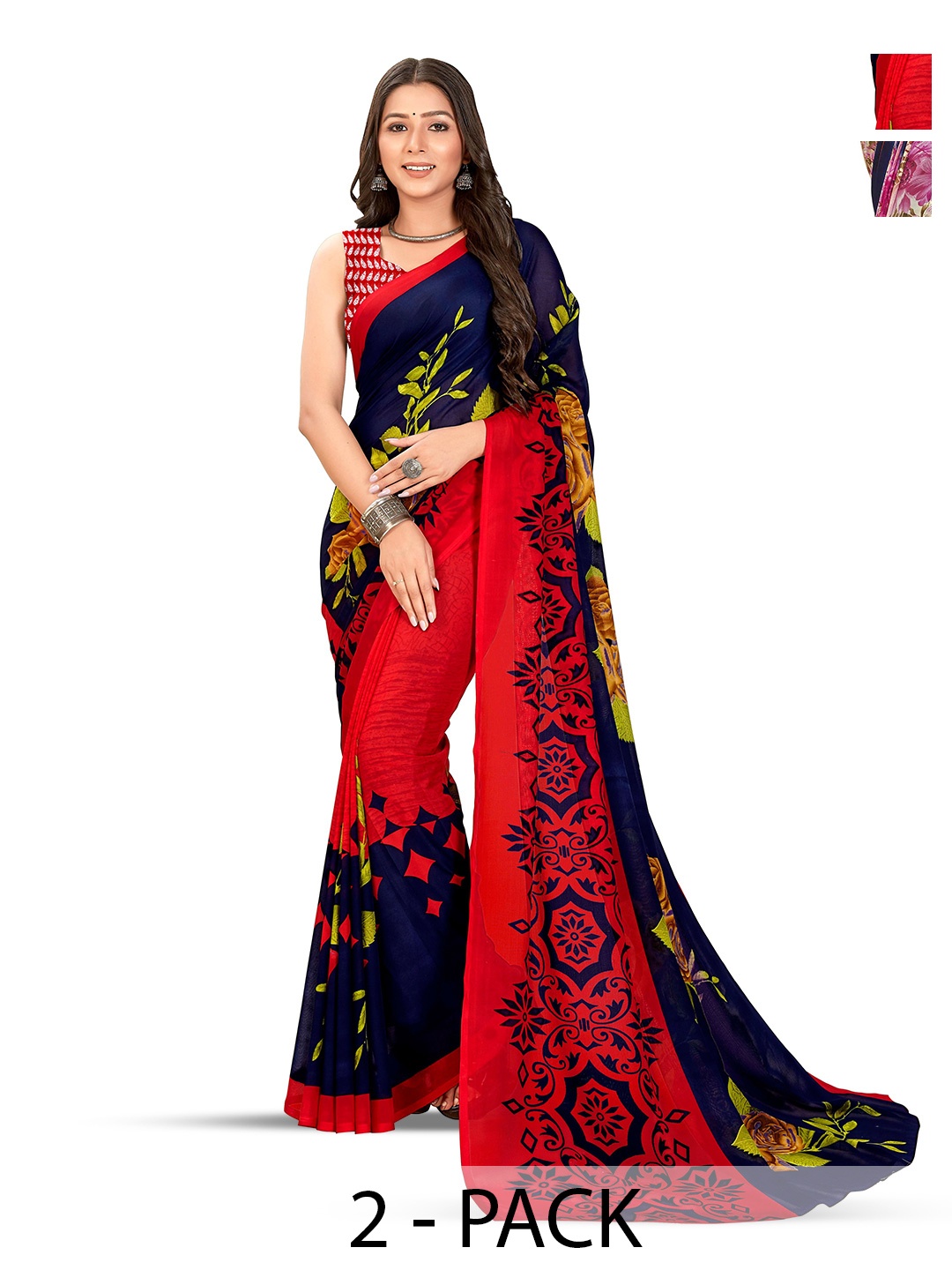 

ANAND SAREES Pack of-2 Floral Printed Saree, Navy blue