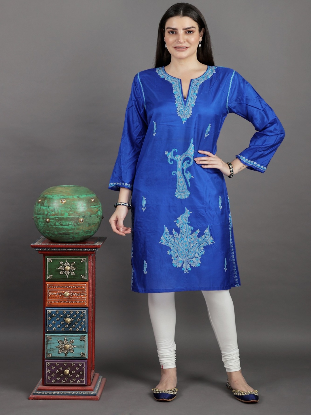 

Exotic India Embroidered Notched Neck Straight Silk Kurta, Blue