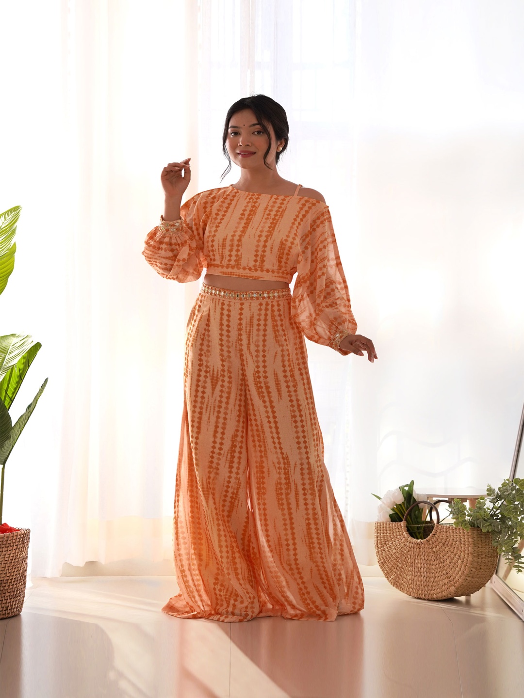 

DRESOUL Shibori Printed Off-shoulder Top With Palazzo Co-Ords, Orange