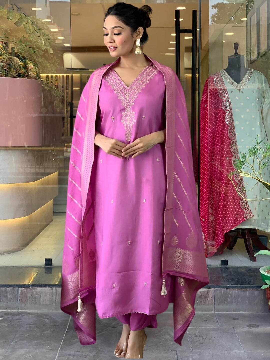 

KALINI Embroidered Regular Chanderi Silk Straight Kurta With Trousers & Dupatta, Pink