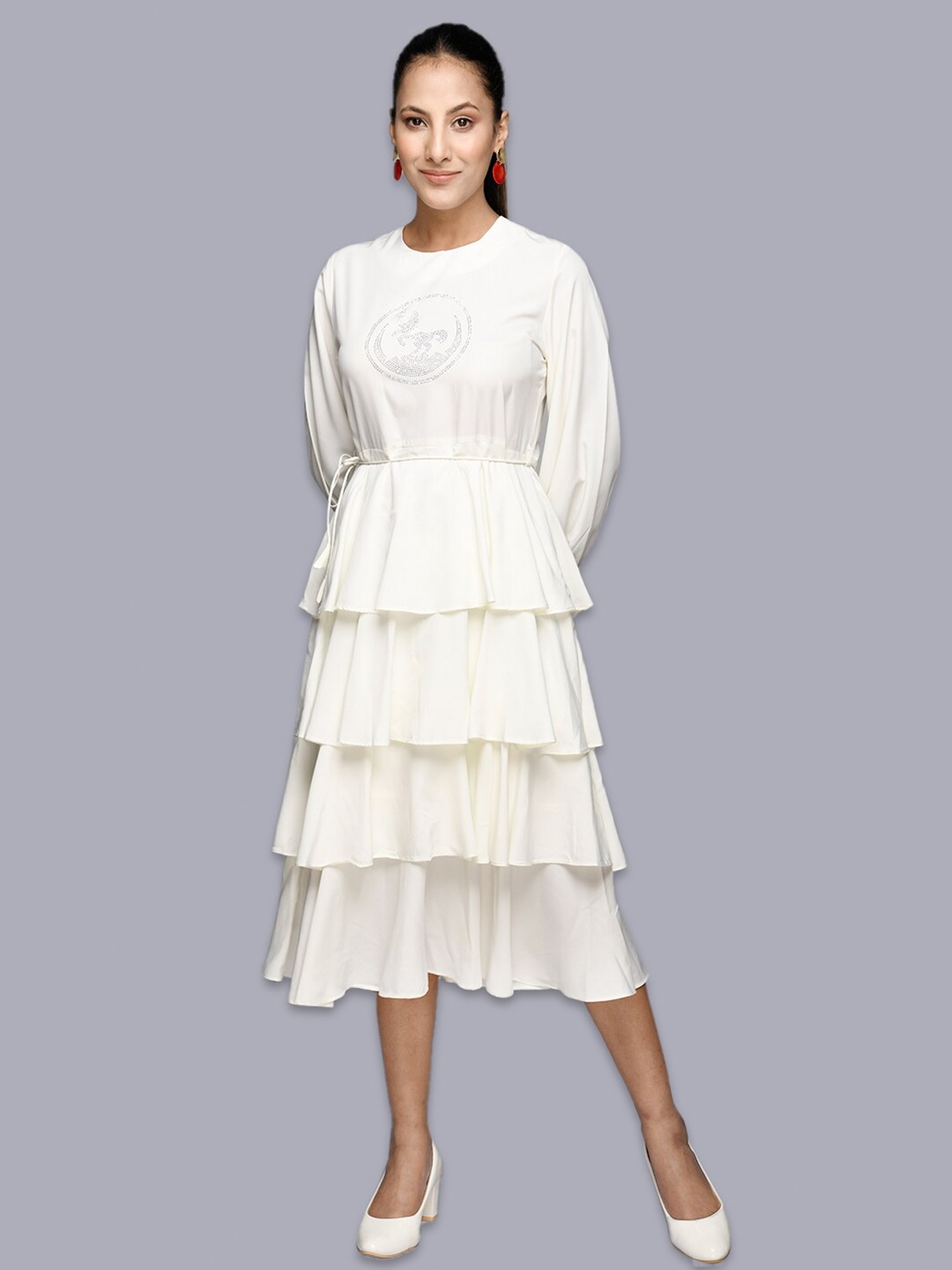 

BAESD Embellished Round Neck Long Bell Sleeve Fit & Flare Layered Midi Dress, Off white