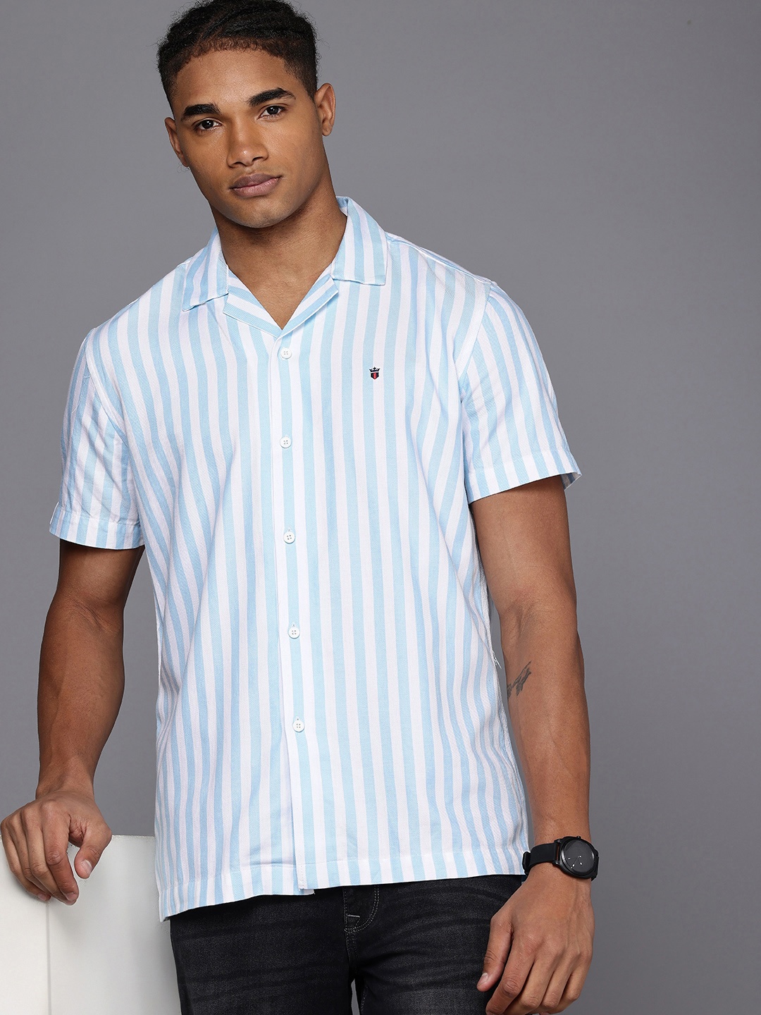 

Louis Philippe Jeans Slim Fit Striped Casual Shirt, Blue