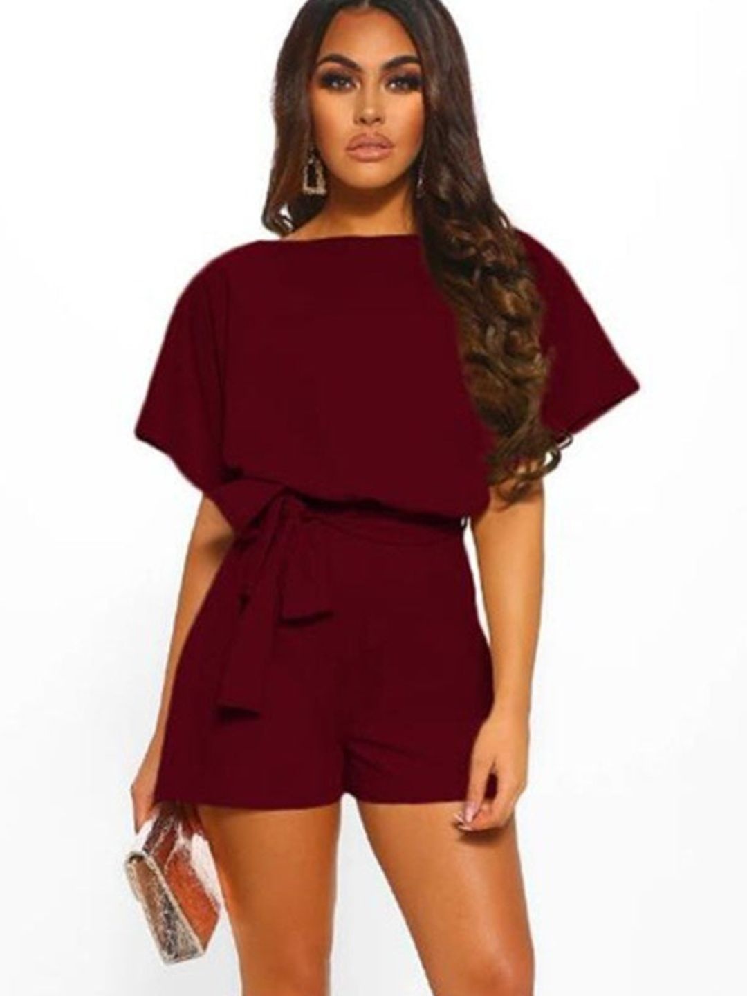 

4WRD by Dressberry Blue Boat Neck Short Sleeves Waist Tie-Ups Playsuit, Maroon