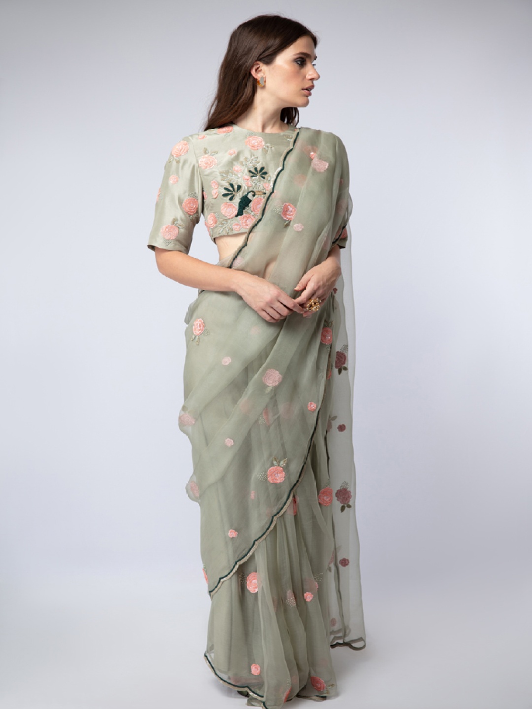 

Payal Singhal Floral Embroidered Organza Saree, Green