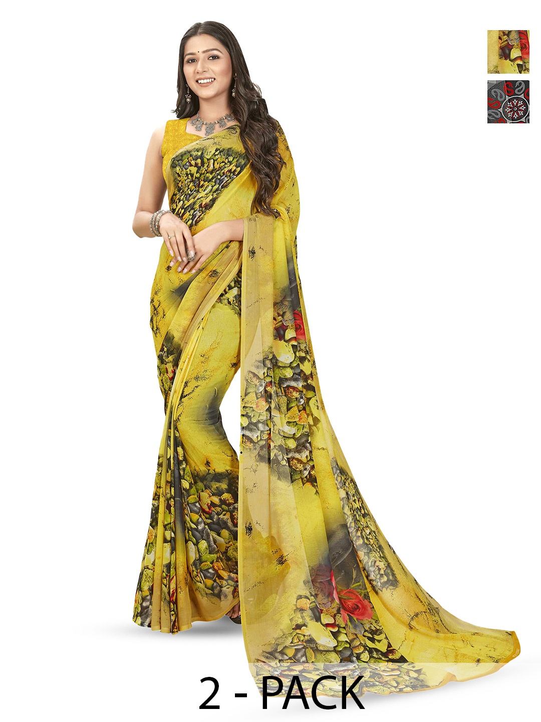 

ANAND SAREES Pack of-2 Floral Printed Saree, Yellow