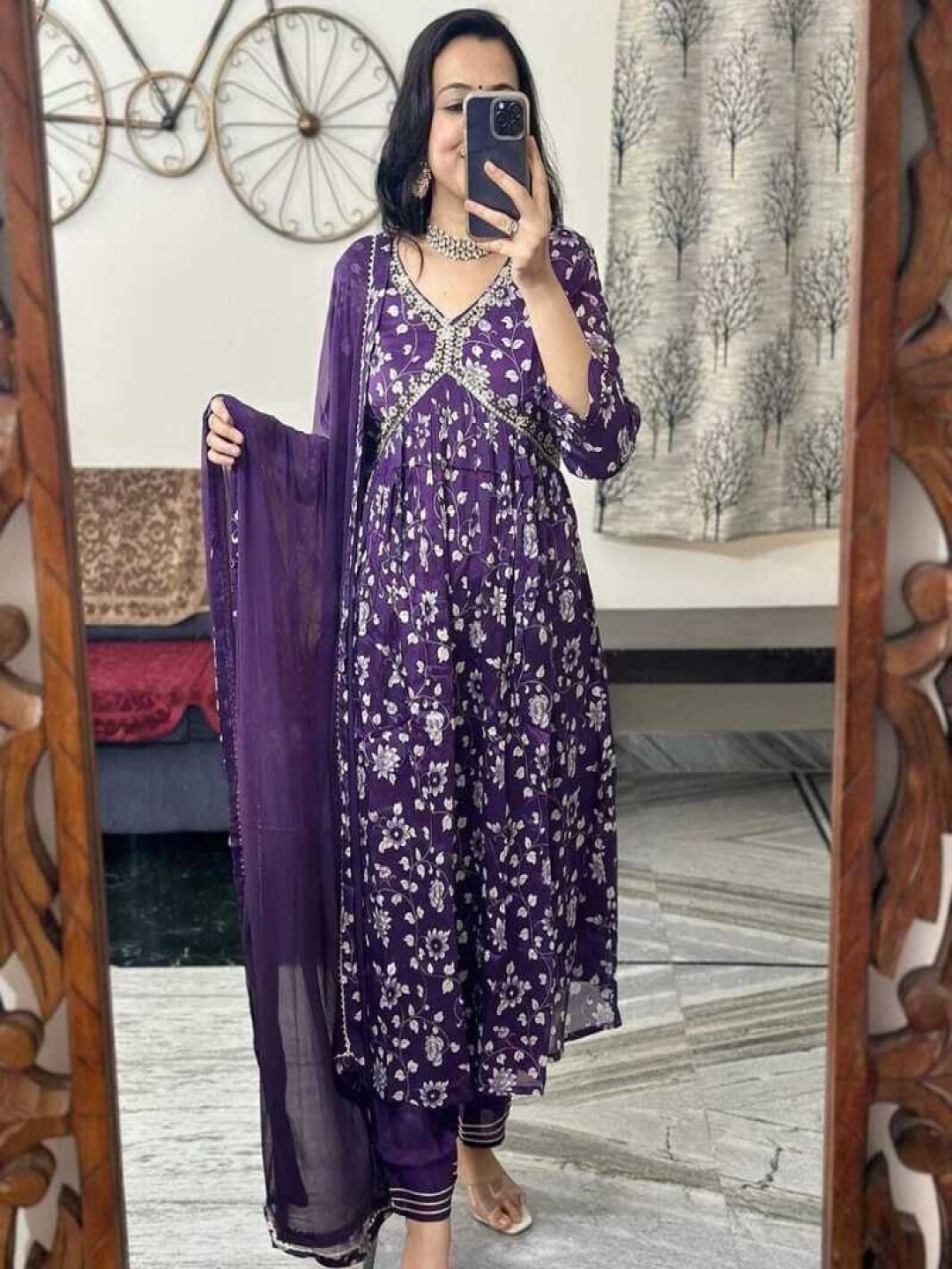 

Royal Export V Neck Leheriya Printed Empire Kurta with Trouser & Dupatta, Purple
