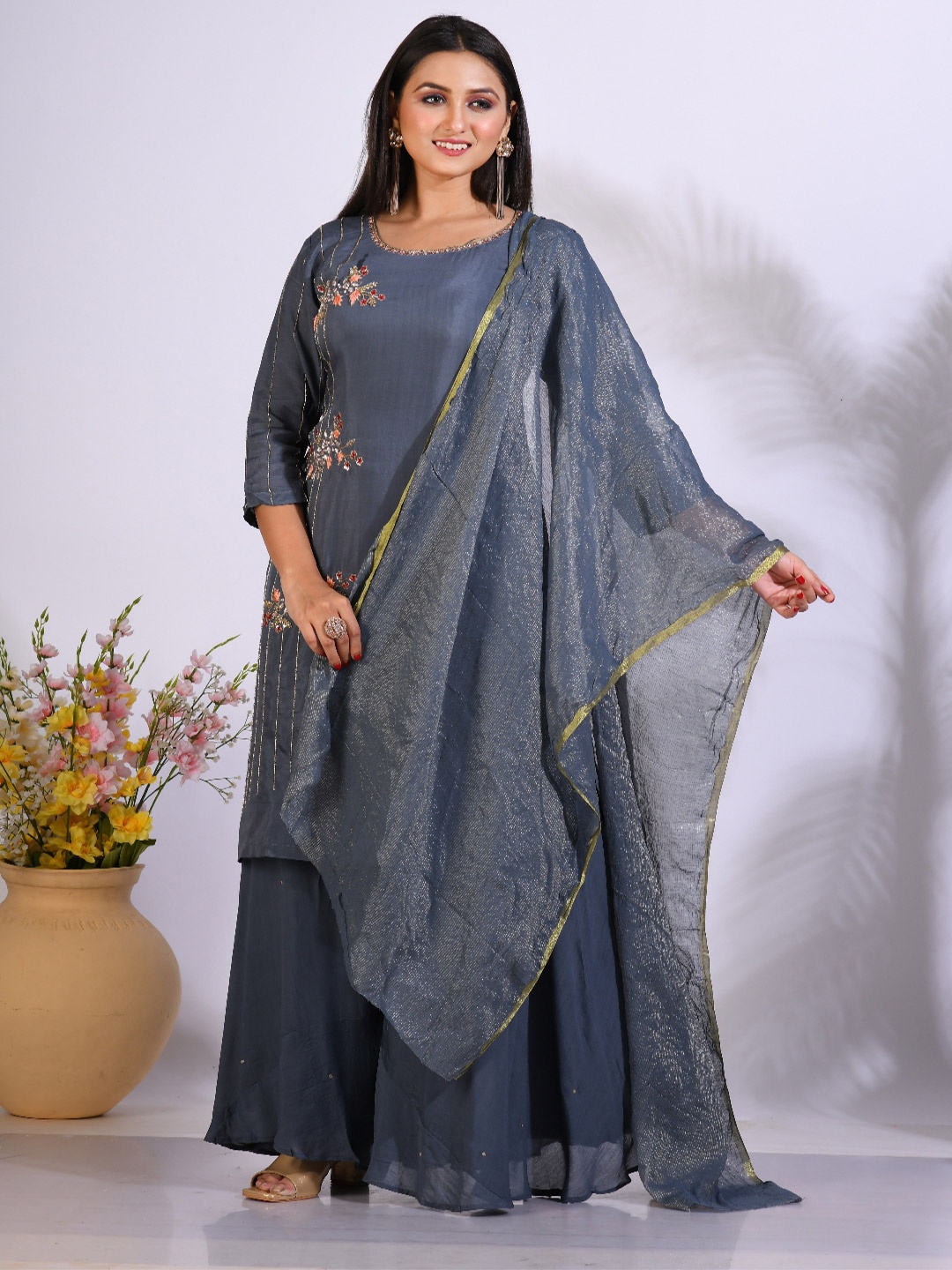 

Morchari Embroidered Pure Silk Straight Kurta With Palazzos & Dupatta Set, Grey