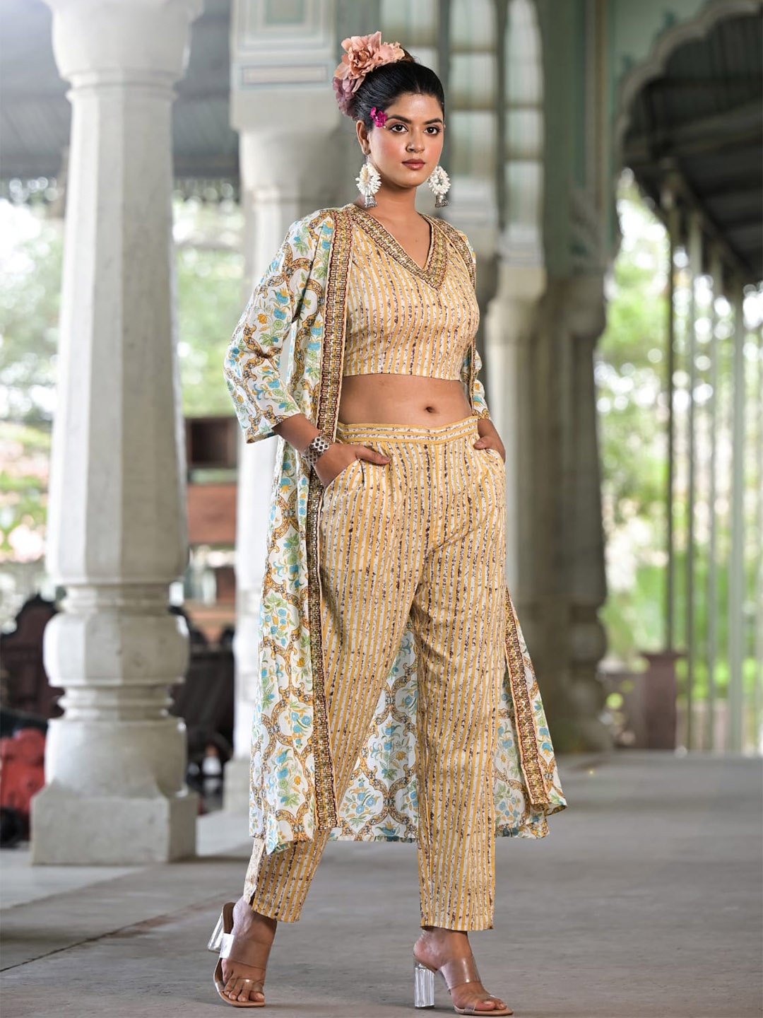 

ARAVALII Top With Trousers & Shrug Co-Ords Set, Beige