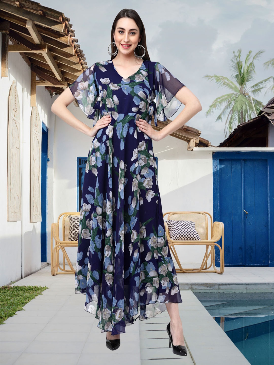 

MISS AYSE Floral Print Slit Sleeve Applique Georgette Fit & Flare Midi Dress, Navy blue