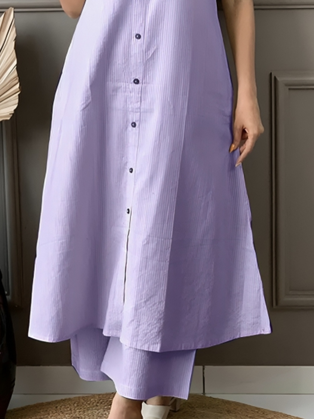 

KALINI Striped Mandarin Collar Roll-Up Sleeves Pure Cotton A-Line Kurta With Palazzo, Purple