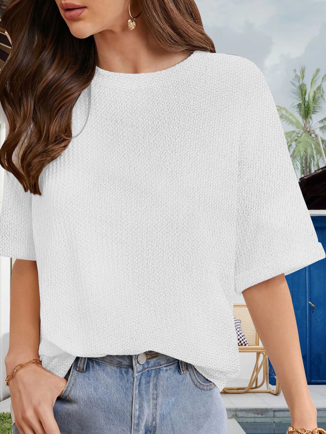 

MISS AYSE Geometric Print Extended Sleeves Boxy Top, White