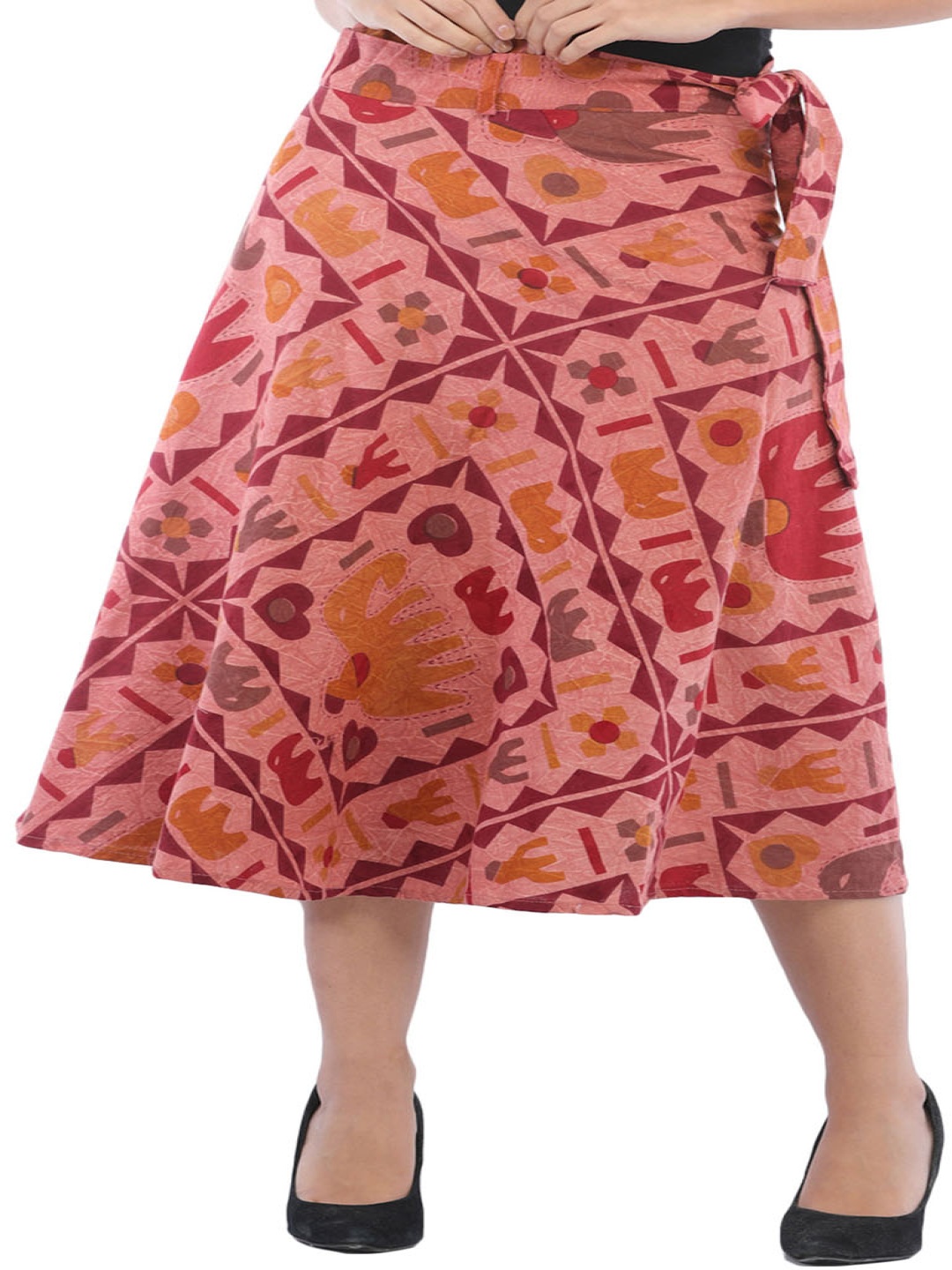 

Exotic India Printed Pure Cotton Wrap Midi Skirts, Pink