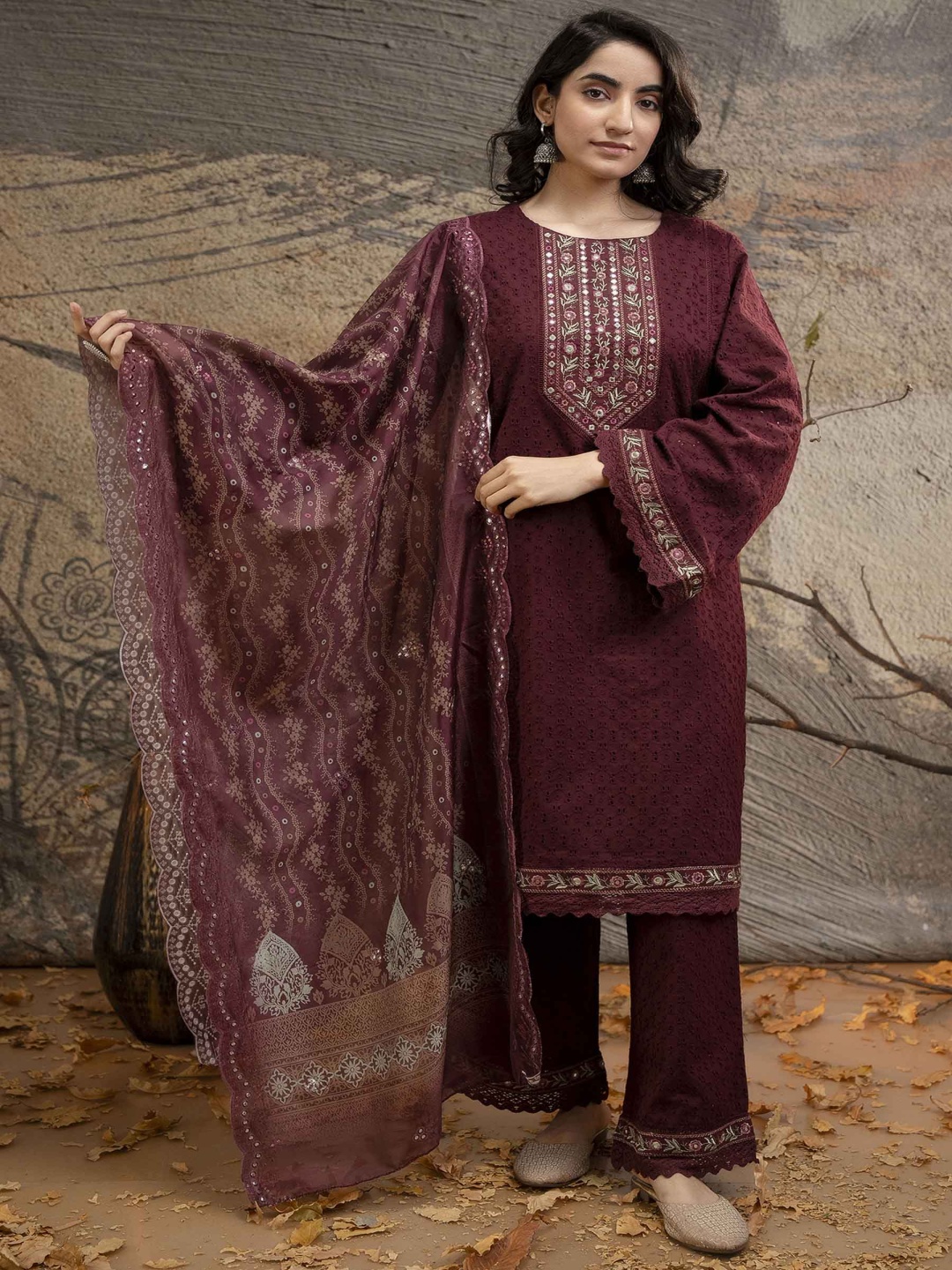 

KALINI Women Floral Embroidered Mirror Work Pure Cotton Kurta with Palazzos & With Dupatta, Maroon